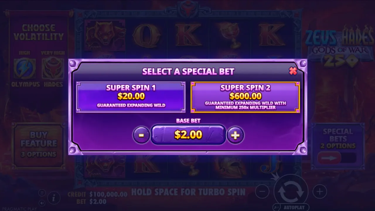 Extra bets in Zeus vs Hades 250